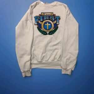 VTG Y2K Christian Jesus First Loved Sweatshirt White Mens XL Religious Classic